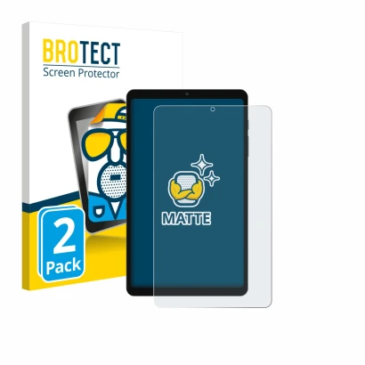 Front side of a product packaging with the brand logo BROTECT. Next to it is the device Blackview Link 2 8.68" shown with the 