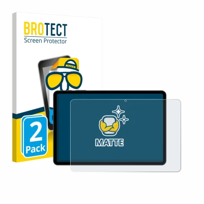 Front side of a product packaging with the brand logo BROTECT. Next to it is the device Doogee Tab A9 Pro shown with the corre