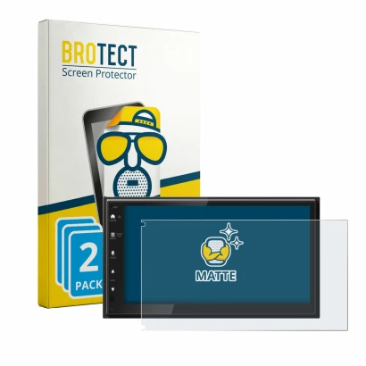Front side of a product packaging with the brand logo BROTECT. Next to it is the device Kenwood DMX5023DAB shown with the corr