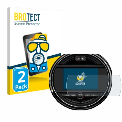 Front side of a product packaging with the brand logo BROTECT. Next to it is the device Mini Clubman 2018 - 2020 shown with th