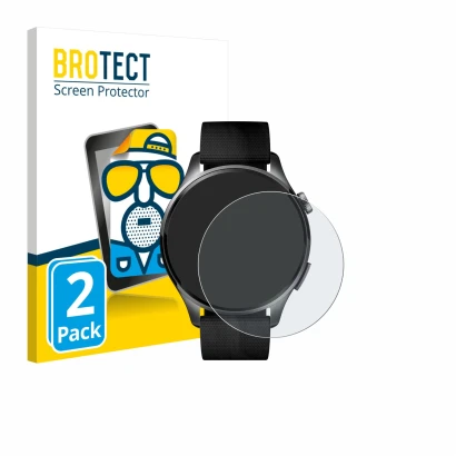 Front side of a product packaging with the brand logo BROTECT. Next to it is the device Xiaomi Watch 5 (47 mm) shown with the 