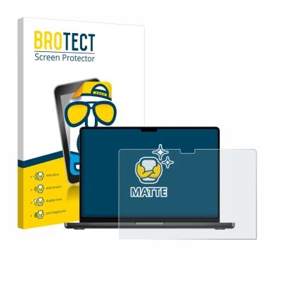 Front side of a product packaging with the brand logo BROTECT. Next to it is the device Apple MacBook Pro 16" M5 2026 shown wi