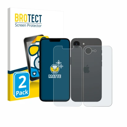Front side of a product packaging with the brand logo BROTECT. Next to it is the device Apple iPhone 17e (Front+Back) shown wi
