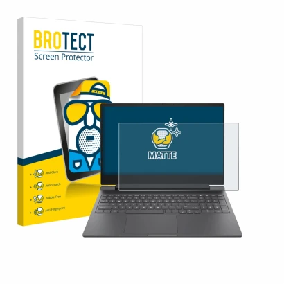 Front side of a product packaging with the brand logo BROTECT. Next to it is the device HP Victus 16-r0024nf shown with the co
