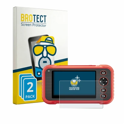 Front side of a product packaging with the brand logo BROTECT. Next to it is the device Launch CRP129E Plus shown with the cor
