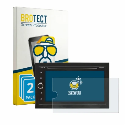 Front side of a product packaging with the brand logo BROTECT. Next to it is the device Blaupunkt Vienna 700 DAB shown with th