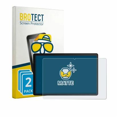 Front side of a product packaging with the brand logo BROTECT. Next to it is the device Whitedeer WHTG1301 10.1" shown with th