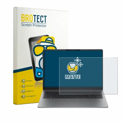 Front side of a product packaging with the brand logo BROTECT. Next to it is the device HP 200 G2a 16" shown with the correspo