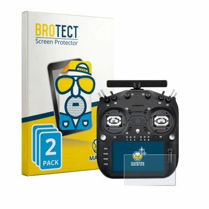Front side of a product packaging with the brand logo BROTECT. Next to it is the device Radiomaster TX16S MK3 shown with the c