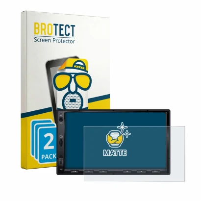 Front side of a product packaging with the brand logo BROTECT. Next to it is the device Atoto A5LG2A7T 7" shown with the corre