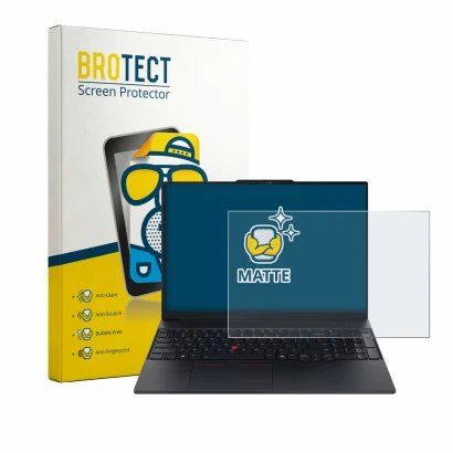 Front side of a product packaging with the brand logo BROTECT. Next to it is the device Lenovo ThinkPad E16 Gen 4 shown with t