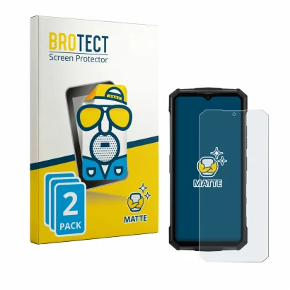 Front side of a product packaging with the brand logo BROTECT. Next to it is the device Doogee Fire 7 Pro shown with the corre