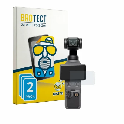 Front side of a product packaging with the brand logo BROTECT. Next to it is the device DJI Osmo Pocket 4 shown with the corre