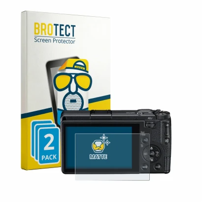Front side of a product packaging with the brand logo BROTECT. Next to it is the device Ricoh GR IV Monochrome shown with the