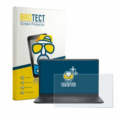 Front side of a product packaging with the brand logo BROTECT. Next to it is the device Dell Pro 15 Essential PV15250 shown wi