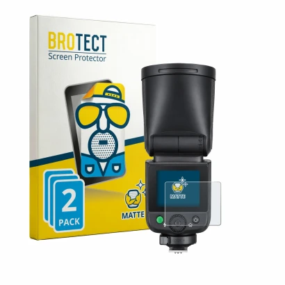 Front side of a product packaging with the brand logo BROTECT. Next to it is the device Godox V1 mid shown with the correspond