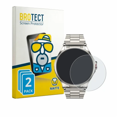Front side of a product packaging with the brand logo BROTECT. Next to it is the device Huawei Watch Buds 2 shown with the cor