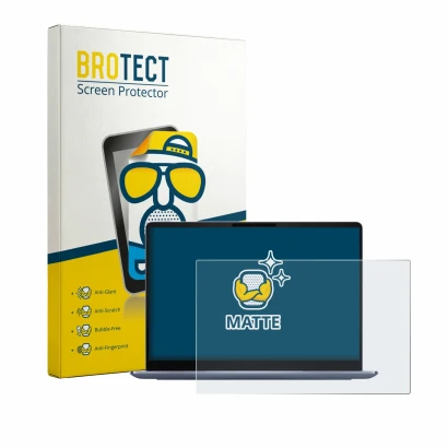 Front side of a product packaging with the brand logo BROTECT. Next to it is the device Dell 14S DS14260 shown with the corres