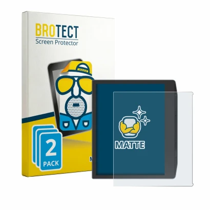 Front side of a product packaging with the brand logo BROTECT. Next to it is the device PocketBook Era Lite shown with the cor