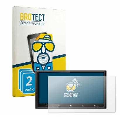 Front side of a product packaging with the brand logo BROTECT. Next to it is the device Kenwood DMX7525DABS shown with the cor