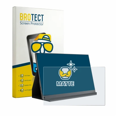 Front side of a product packaging with the brand logo BROTECT. Next to it is the device Yodoit PTM14 14" shown with the corres