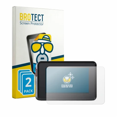 Front side of a product packaging with the brand logo BROTECT. Next to it is the device Vantrue Element 2 shown with the corre