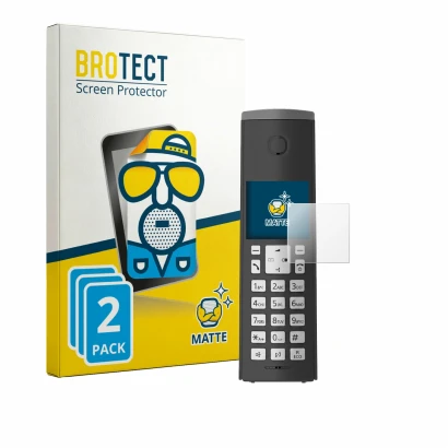 Front side of a product packaging with the brand logo BROTECT. Next to it is the device Panasonic KX-TGK220 shown with the cor