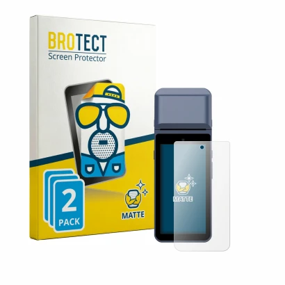 Front side of a product packaging with the brand logo BROTECT. Next to it is the device Pax M9200 shown with the corresponding