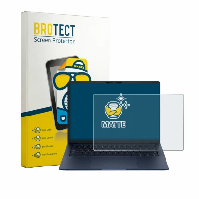 Front side of a product packaging with the brand logo BROTECT. Next to it is the device HP EliteBook X G2q 14 shown with the c