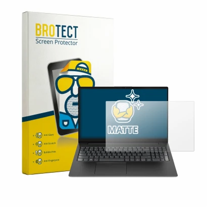 Front side of a product packaging with the brand logo BROTECT. Next to it is the device Lenovo V15 7915 shown with the corresp
