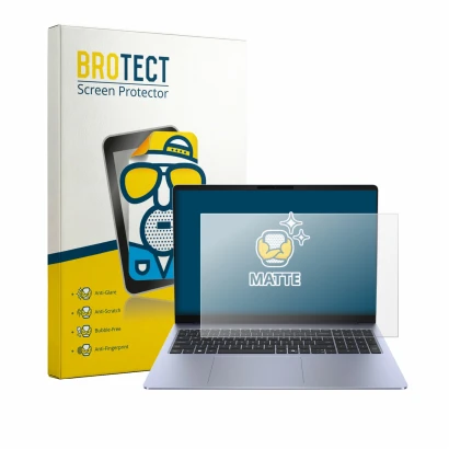 Front side of a product packaging with the brand logo BROTECT. Next to it is the device Dell 16S shown with the corresponding 