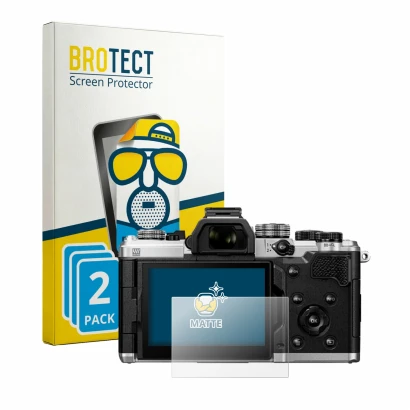 Front side of a product packaging with the brand logo BROTECT. Next to it is the device OM System OM-3 ASTRO shown with the co