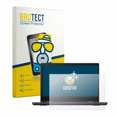 Front side of a product packaging with the brand logo BROTECT. Next to it is the device ASUS ExpertBook BR1402 shown with the
