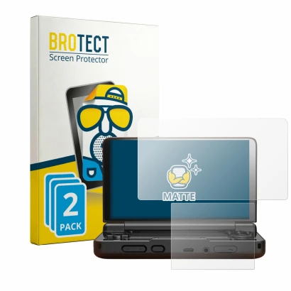 Front side of a product packaging with the brand logo BROTECT. Next to it is the device AYN Thor shown with the corresponding