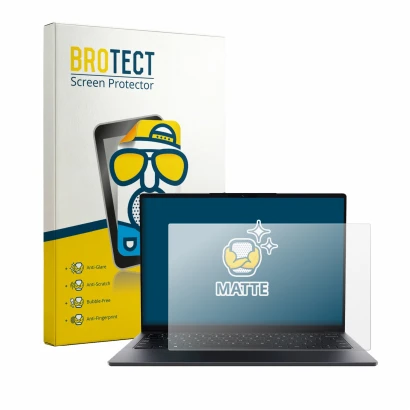 Front side of a product packaging with the brand logo BROTECT. Next to it is the device Chuwi UniBook shown with the correspon