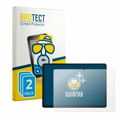 Front side of a product packaging with the brand logo BROTECT. Next to it is the device TCL Tab A1 Plus NXTPAPER shown with th