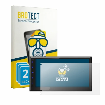 Front side of a product packaging with the brand logo BROTECT. Next to it is the device JVC KW-593BT shown with the correspond