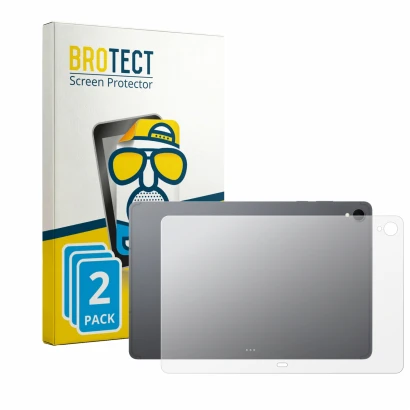 Front side of a product packaging with the brand logo BROTECT. Next to it is the device Samsung Galaxy Tab S12 Plus (Back) sho