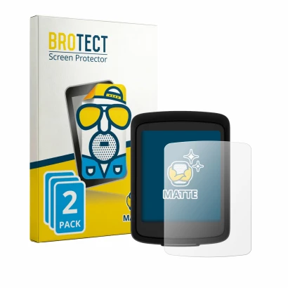 Front side of a product packaging with the brand logo BROTECT. Next to it is the device Bryton Rider E10 shown with the corres