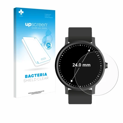 Front side of a product packaging with the brand logo upscreen. Next to it is the device Watches (Circular, ø: 24 mm) shown wi