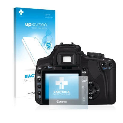Front side of a product packaging with the brand logo upscreen. Next to it is the device Canon EOS 400D shown with the corresp