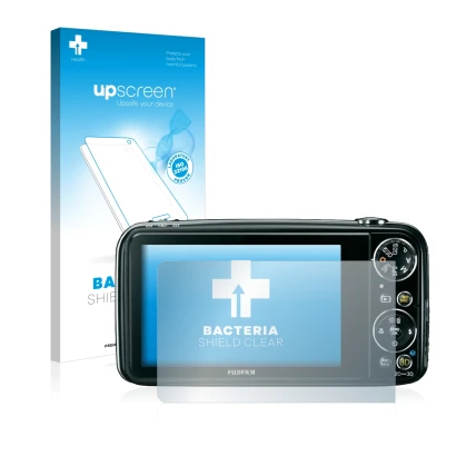 Front side of a product packaging with the brand logo upscreen. Next to it is the device Fujifilm FinePix Real 3D W3 shown wit