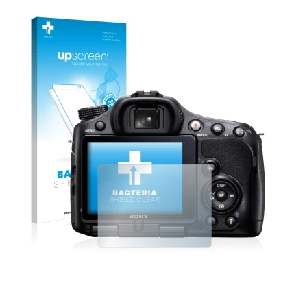 Front side of a product packaging with the brand logo upscreen. Next to it is the device Sony Alpha 65V (SLT-A65V) shown with 