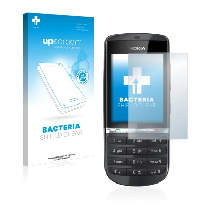 Front side of a product packaging with the brand logo upscreen. Next to it is the device Nokia Asha 300 shown with the corresp
