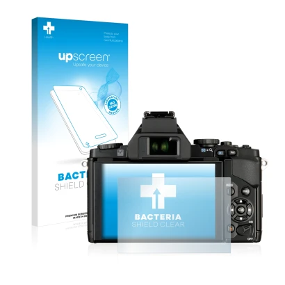 Front side of a product packaging with the brand logo upscreen. Next to it is the device Olympus OM-D E-M5 shown with the corr