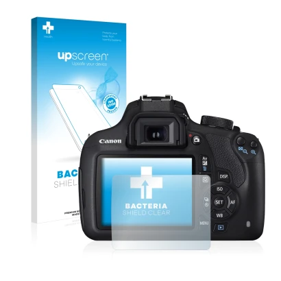 Front side of a product packaging with the brand logo upscreen. Next to it is the device Canon EOS 1200D shown with the corres