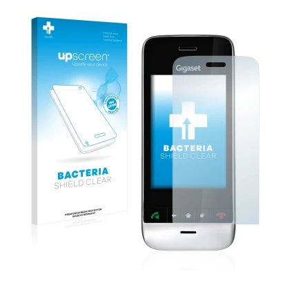 Front side of a product packaging with the brand logo upscreen. Next to it is the device Gigaset SL910 (oblong cutout) shown w