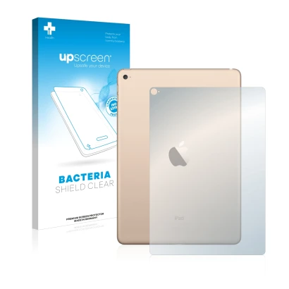 Front side of a product packaging with the brand logo upscreen. Next to it is the device Apple iPad Air 2 2014 (Back) shown wi