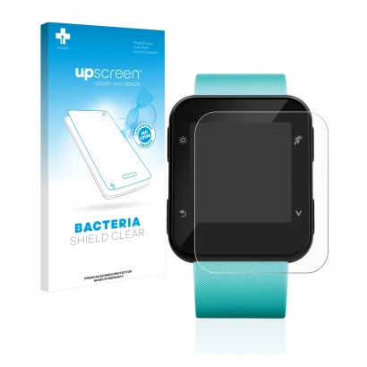 Front side of a product packaging with the brand logo upscreen. Next to it is the device Garmin Forerunner 35 shown with the c