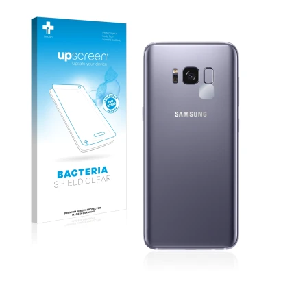 Front side of a product packaging with the brand logo upscreen. Next to it is the device Samsung Galaxy S8 (ONLY Camera Lens)
